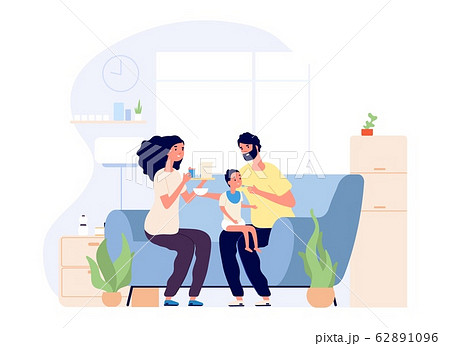 Parents and baby. Feeding infant, happy young family together. Mother father and toddler on sofa with food vector illustration Parents and baby. Feeding infant, happy young family together. Mother father and toddler on sofa with food vector illustration 62891096