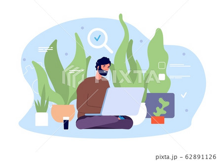 Eco friendly office. Man working at garden. Meditation on workplace with laptop. Businessman freelancer, green workspace vector illustration Eco friendly office. Man working at garden. Meditation on workplace with laptop. Businessman freelancer, green workspace vector illustration 62891126