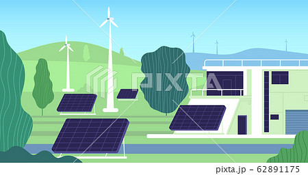 Clean electric energy. Turbine, building renewable resources. Modern electricity, sun battery wind station. Powerhouse vector illustration 62891175