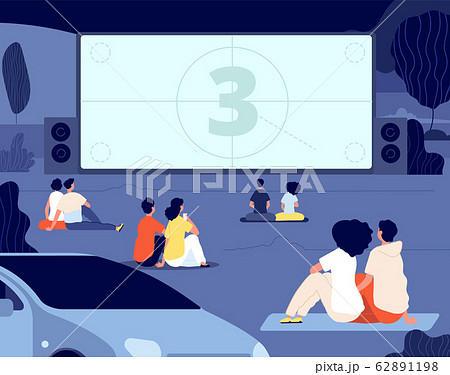 Open air cinema. Outdoor relax, car movie night. Friends rest backyard with snacks, screen. Dating couples watch movie vector illustration 62891198