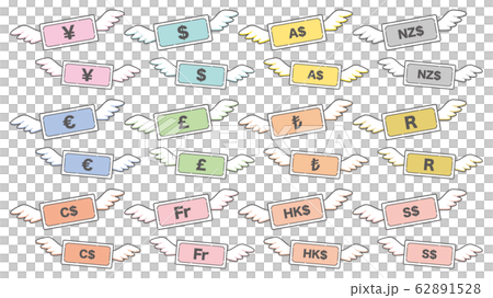 飛んでいく世界各国の紙幣のシンプルなアイコンセット 飛んでいく世界各国の紙幣のシンプルなアイコンセット 62891528
