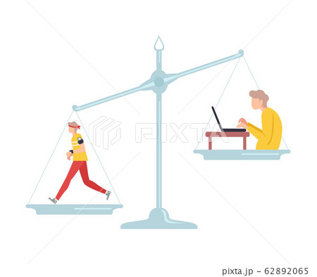 Running Male Athlete is on One Side of Scales, Stooped Man Sitting at Computer on the Other, Bad and Good Habits, Choosing Between Healthy and Unhealthy Lifestyle Flat Vector Illustration 62892065