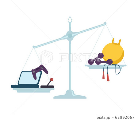 Computer Game Equipment is on One Side of Scales, Sports Equipment on the Other, Bad and Good Habits, Choosing Between Healthy and Unhealthy Lifestyle Flat Vector Illustration Computer Game Equipment is on One Side of Scales, Sports Equipment on the Other, Bad and Good Habits, Choosing Between Healthy and Unhealthy Lifestyle Flat Vector Illustration 62892067