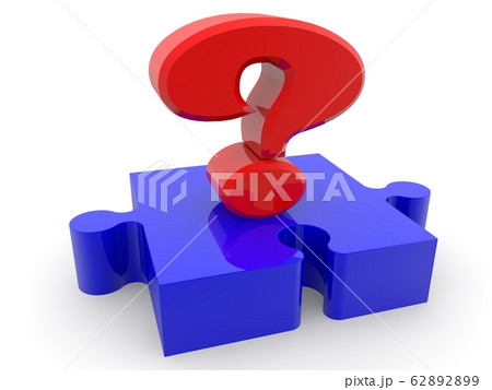 Blue piece of a puzzle with a red question mark in the center 62892899