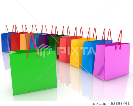 Row of Shopping bags in various colors on white 62893441