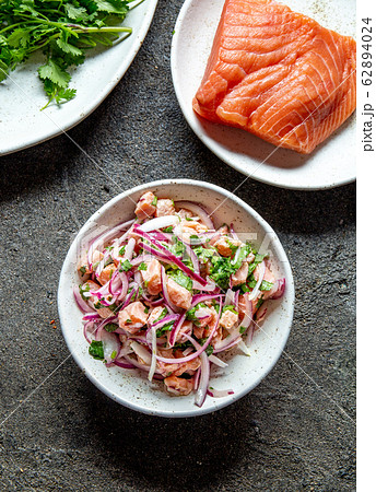 CHILEAN SALMON SEVICHE. Fresh raw salmon marinaded 62894024