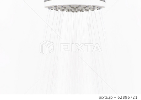 Water jets from white plastic shower head. Water jets from white plastic shower head. 62896721