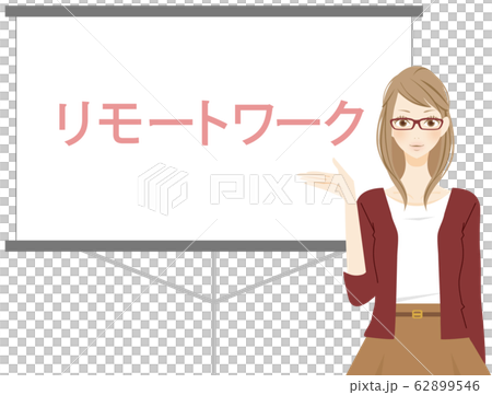 リモートワーク推進 紹介する女性 笑顔のイラスト リモートワーク推進 紹介する女性 笑顔のイラスト 62899546