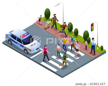 Pedestrians at a Crosswalk and Policeman illustration isometric icons on isolated background 62901167