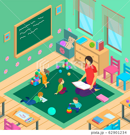 Color Characters People and Kindergarten Interior Inside Concept 3d Isometric View. Vector 62901234