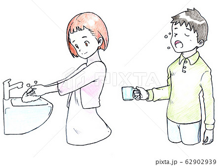 うがい 手洗いをする男の子 女の子 色鉛筆 のイラスト素材