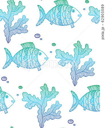 Vector background with gradient algae, fishes, bubles Vector background with gradient algae, fishes, bubles 62903089