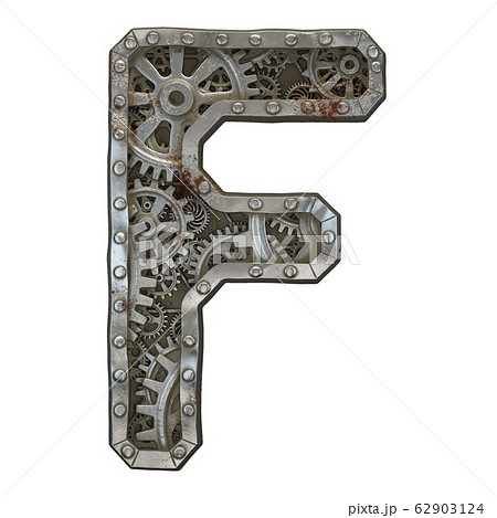 Mechanical alphabet made from rivet metal with gears on white background. Letter F. 3D Mechanical alphabet made from rivet metal with gears on white background. Letter F. 3D 62903124