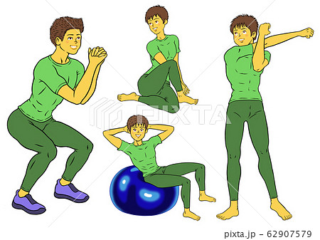 スクワット、バランスボール、ストレッチをするフィットネスインストラクターの男性４セット 62907579
