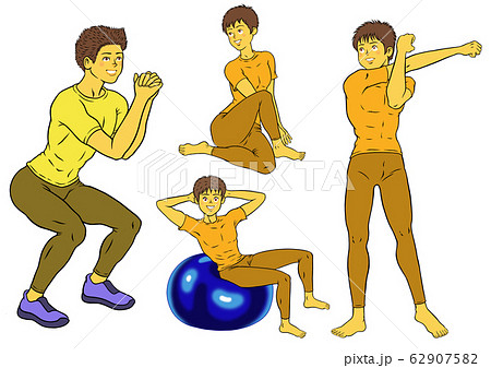スクワット、バランスボール、ストレッチをするフィットネスインストラクターの男性４セット 62907582