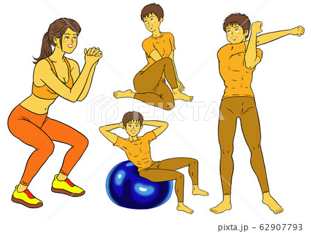スクワット、バランスボール、ストレッチをするフィットネスインストラクターの男女４セット 62907793