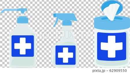 消毒液ボトルと消毒スプレーと消毒ウェットティッシュのイラスト 文字なし 62909550