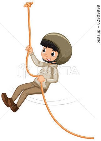 Boy in scout uniform climbing rope on white Boy in scout uniform climbing rope on white 62909999