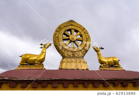Rooftop Dharma wheel in Jokhang temple - Lhasa, 62913890