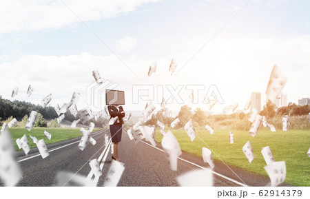 Business woman with TV instead of head. Business woman with TV instead of head. 62914379