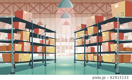 Warehouse Interior With Cardboard Boxes On Racksのイラスト素材