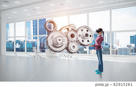 Virtual reality concept and mechanism of engine in modern interior. Mixed media 62915261