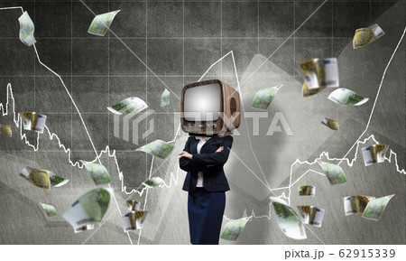 Business woman with old TV instead of head. 62915339