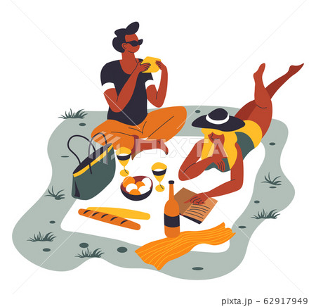 Picnic of couple on carpet, bottle of alcohol drink and bread meal vector 62917949