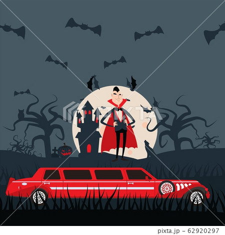 Vampire Dracula cartoon character, luxury limousine car for Halloween night, vector illustration Vampire Dracula cartoon character, luxury limousine car for Halloween night, vector illustration 62920297