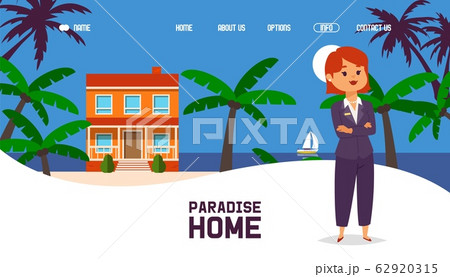 Real estate agency website design, woman realtor cartoon character presenting paradise home, vector illustration 62920315