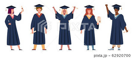 Graduated student. Happy students with diplomas wearing academic gown and graduation cap, group with education certificate vector set Graduated student. Happy students with diplomas wearing academic gown and graduation cap, group with education certificate vector set 62920700
