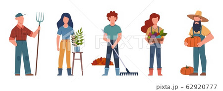 Gardener. Agricultural workers with gardening tools, seasonal job team farmers group, vector characters 62920777