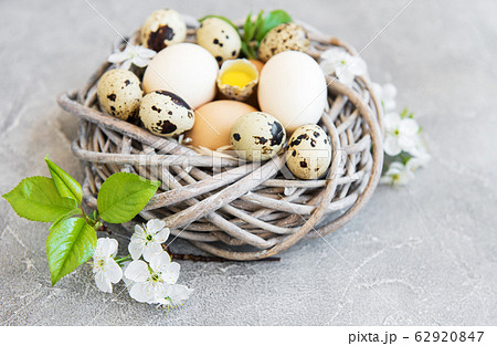 Nest with chicken and quail eggs Nest with chicken and quail eggs 62920847