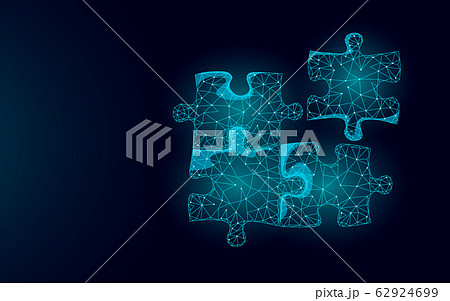 3D puzzle pieces joined together. teamwork business concept. Creative idea problem solution cooperation. Low poly blue dark glowing light strategy match part game vector illustration 62924699