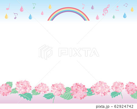 6月の紫陽花と雨と虹のフレームのイラスト素材