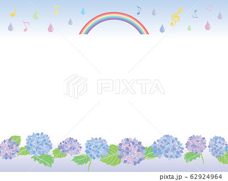 6月の紫陽花と雨と虹のフレームのイラスト素材