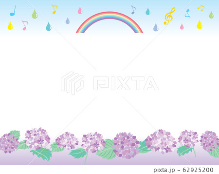 6月の紫陽花と雨と虹のフレームのイラスト素材