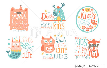 Collection of Kids Logo Original Design Templates with Cute Funny Animals, Childish Colorful Hand Drawn Badges Vector Illustration 62927008
