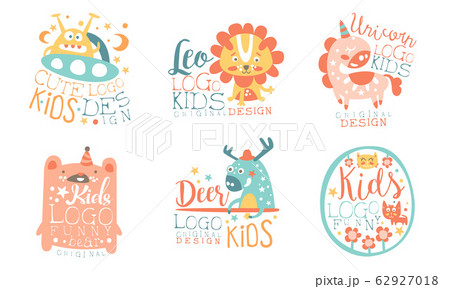 Collection of Kids Logo Original Design Templates with Cute Animals, Childish Colorful Hand Drawn Badges Vector Illustration on White Background. 62927018