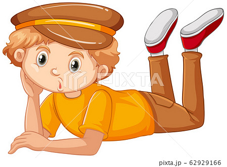 Boy in yellow shirt laying down on white 62929166