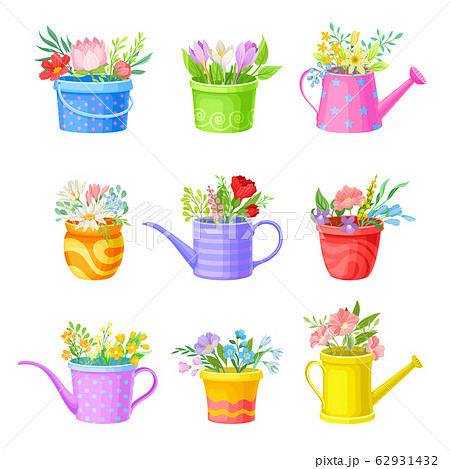Bunch of Flowers Standing in Bright Buckets and Watering Cans Vector Set 62931432