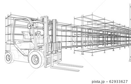 Warehouse shelves and forklift. Vector 62933627
