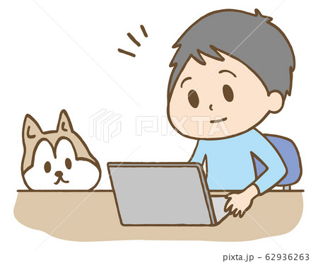 パソコン 男の子と犬のイラスト素材