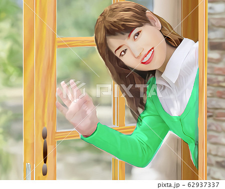 玄関先から手を振る女性 62937337