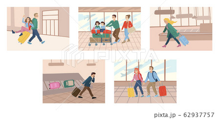 Collection of cards with people in airport terminal. Arrival and departure concept. Vector cartoon illustration 62937757