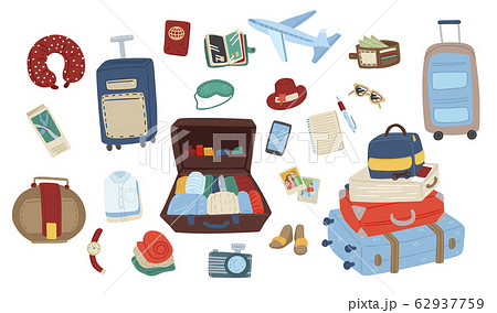 Set of travel items. Collection for holiday or journey. Packing luggage. Vector cartoon illustration 62937759