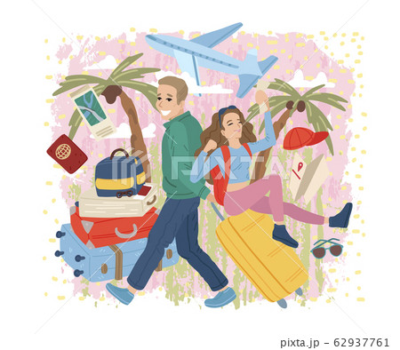 Couple traveling together with luggage. Travel concept. Vector cartoon illustration 62937761