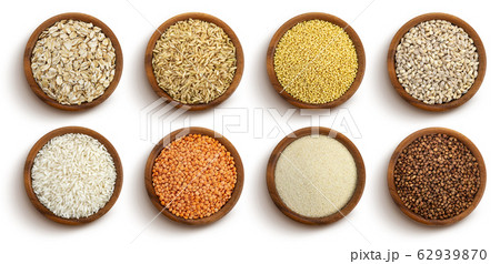 Cereals, grains and seeds in bowls isolated on white background, top view 62939870