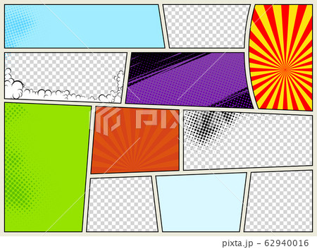 Comic book page template with radial halftone effects and rays in pop-art style. Colorful empty background. Vector illustration 62940016