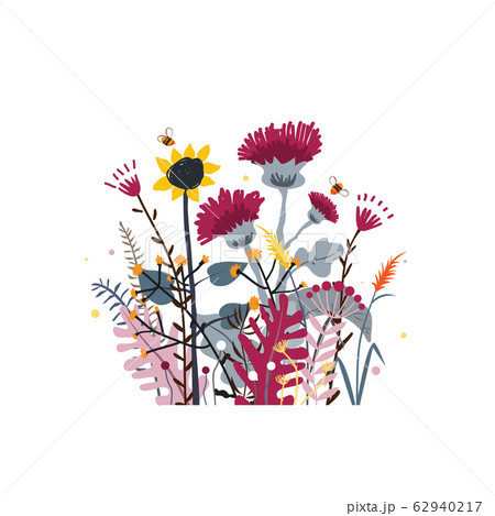 Wild and honey meadow flowers bunch. Vector nature background with hand drawn wild herbs, flowers and leaves on white. 62940217